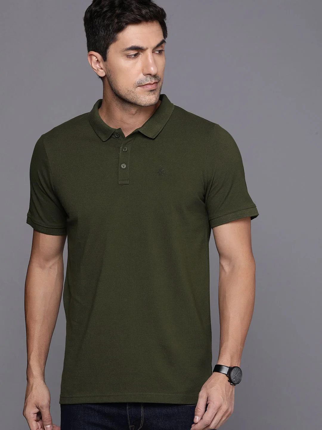 Basic Olive Polo Collar T-Shirt - Image 3