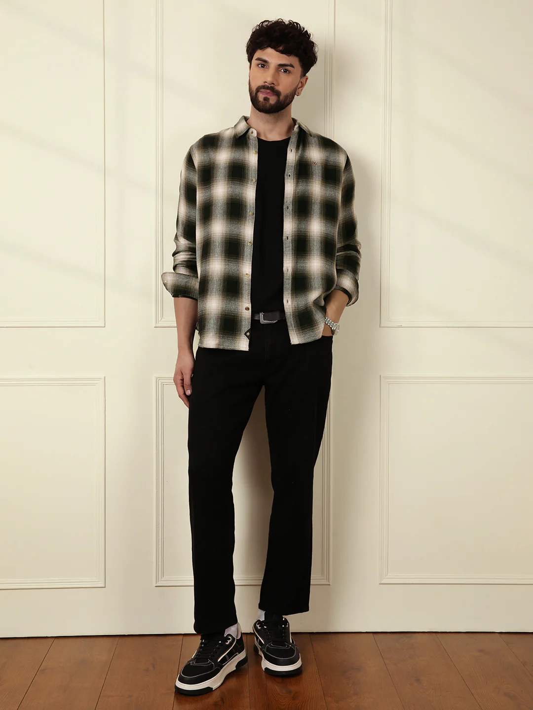 Shadow Checked Cotton Shirt | Black - Image 3