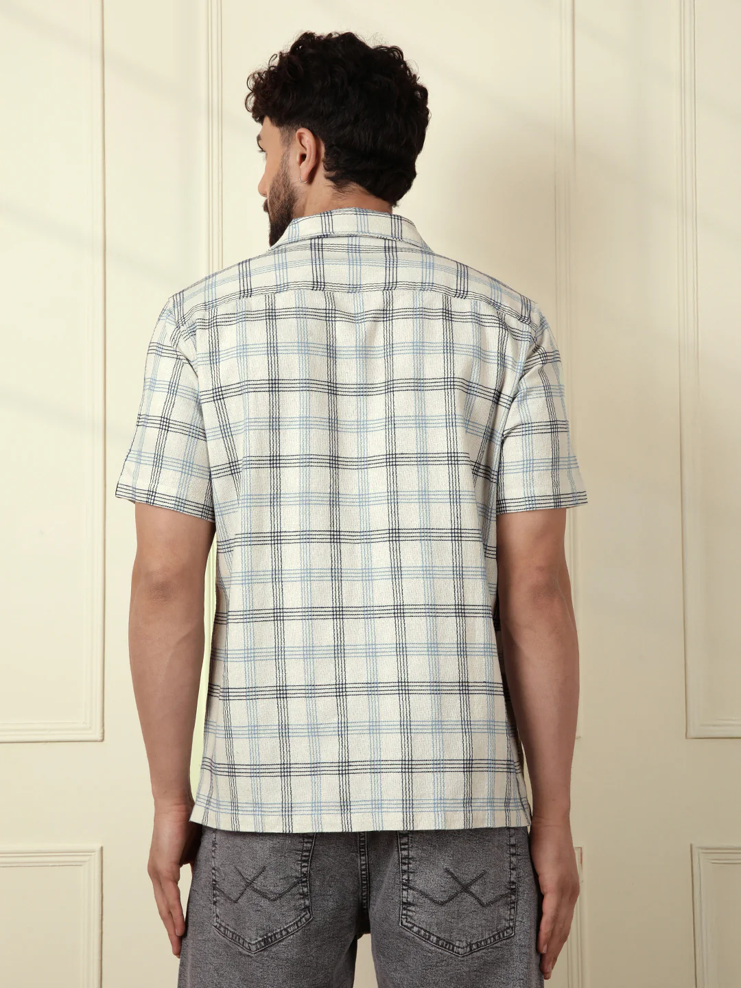 Checked Short Sleeve Textured Shirt | Beige - Image 3