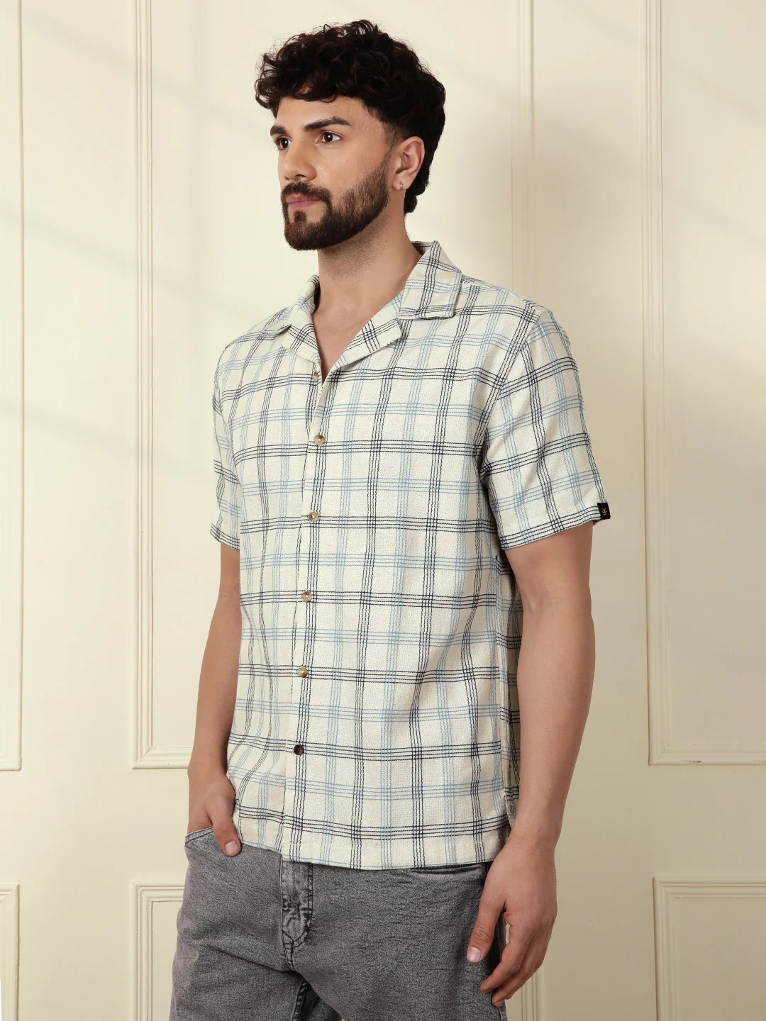 Checked Short Sleeve Textured Shirt | Beige - Image 4