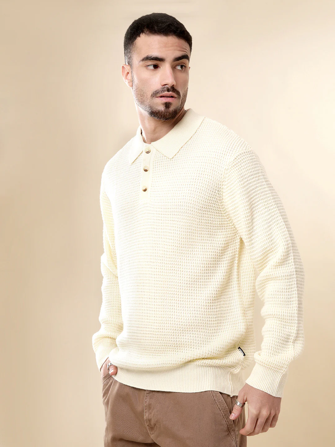 Beige Knit Polo Neck Sweater - Image 4