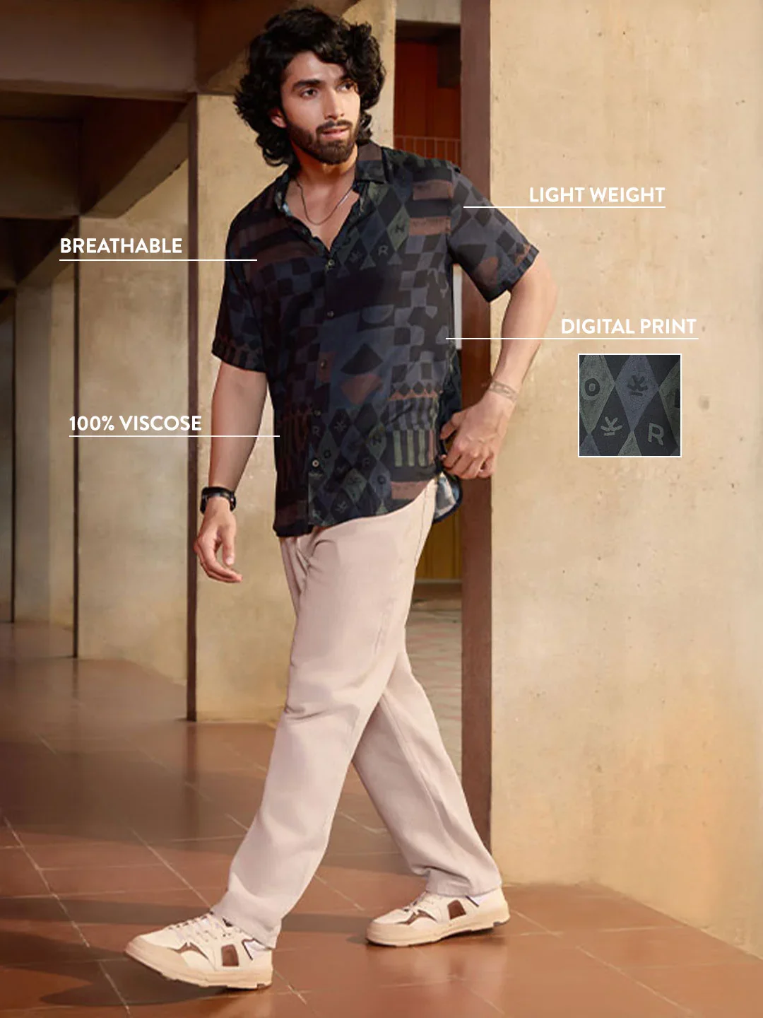 AOP Flowy Light Weight Viscose Shirt | Black - Image 2