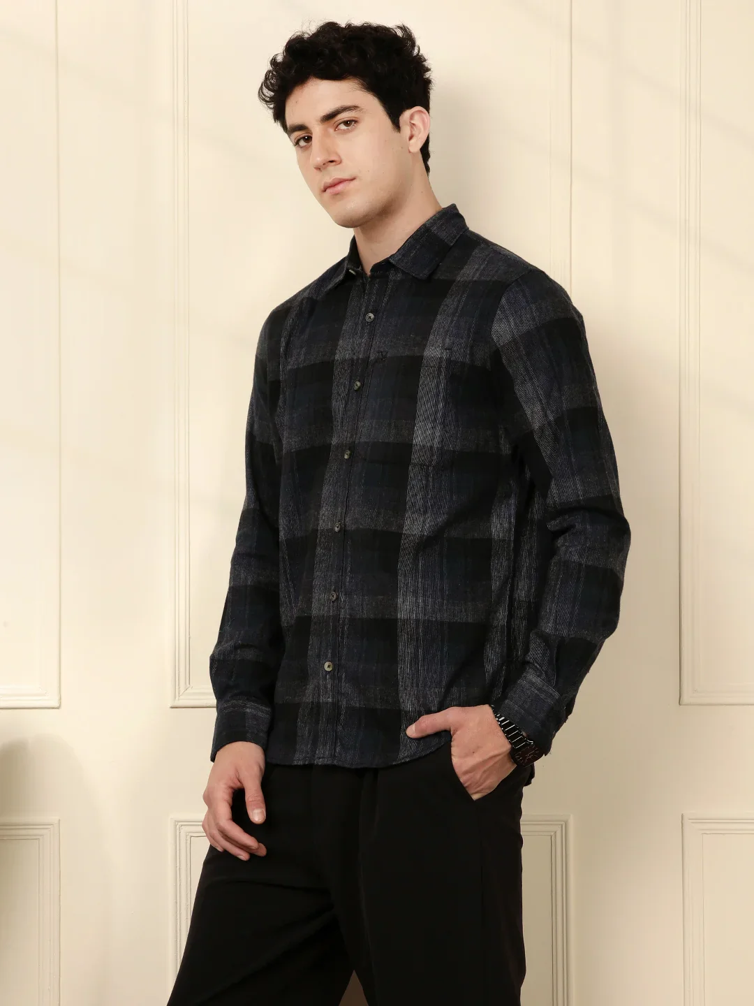 Blue Blend Checked Cotton Shirt - Image 4
