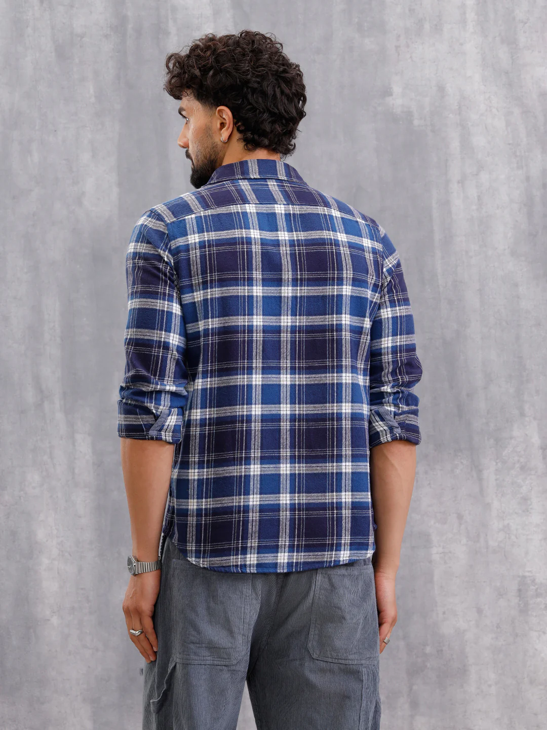 Brushed Flannel Check Shirt In Slim Fit  | Navy Blue - Image 3