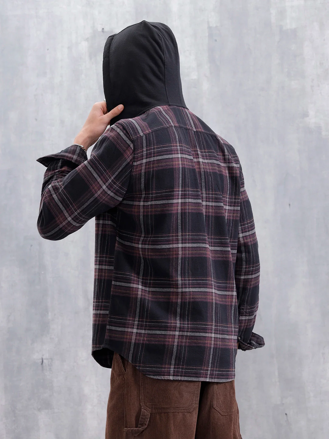 Brushed Flannel Hooded Slim Fit Check Shirt | Black - Image 3