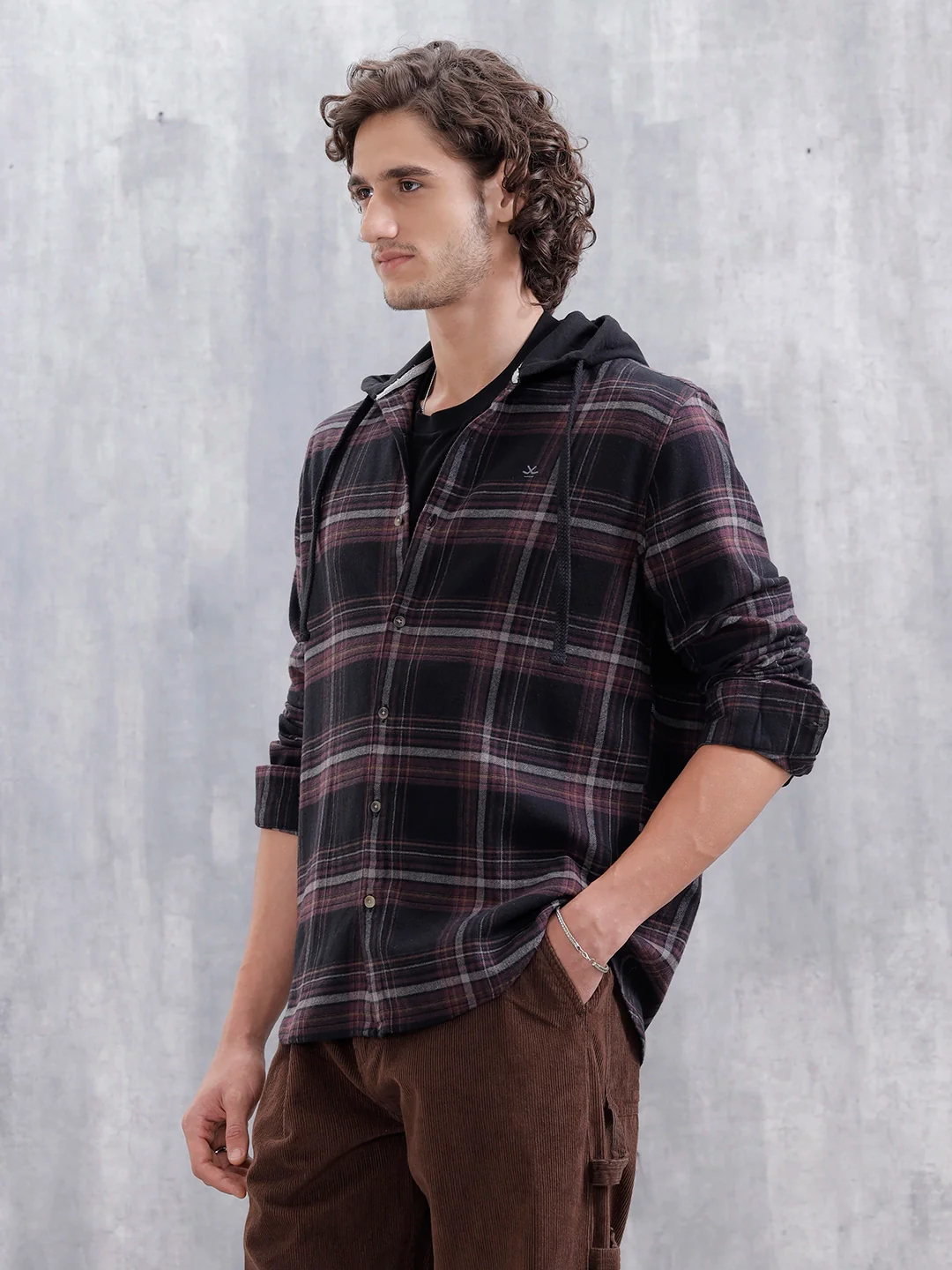 Brushed Flannel Hooded Slim Fit Check Shirt | Black - Image 4