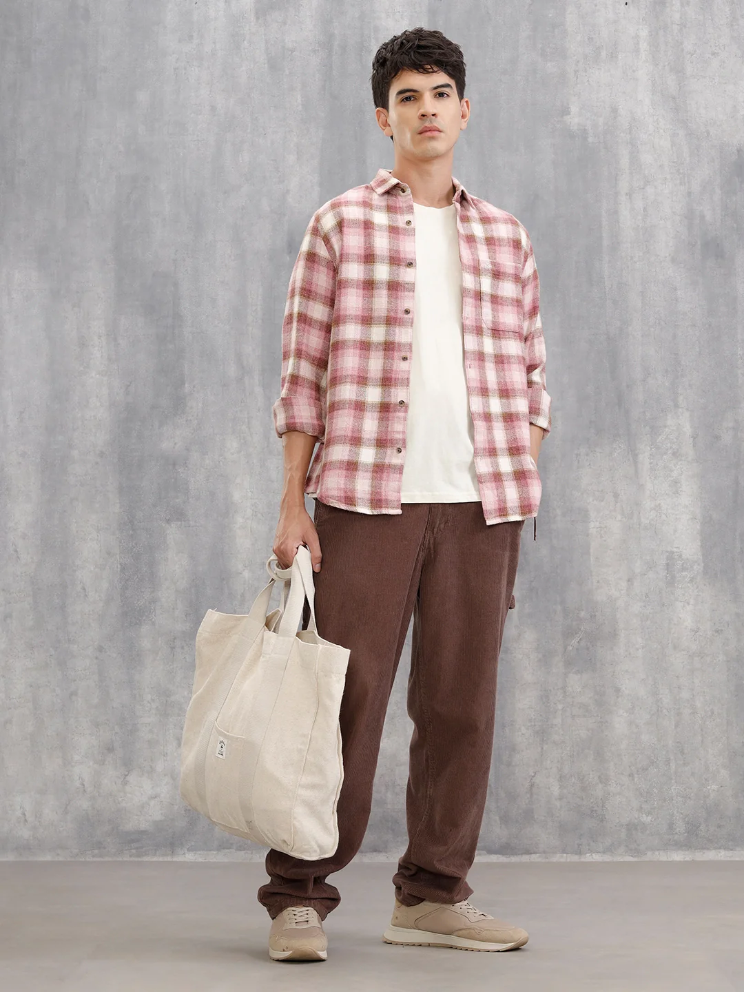 Brushed Herringbone Flannel Check Shirt In Regular Fit | Pink - Image 2