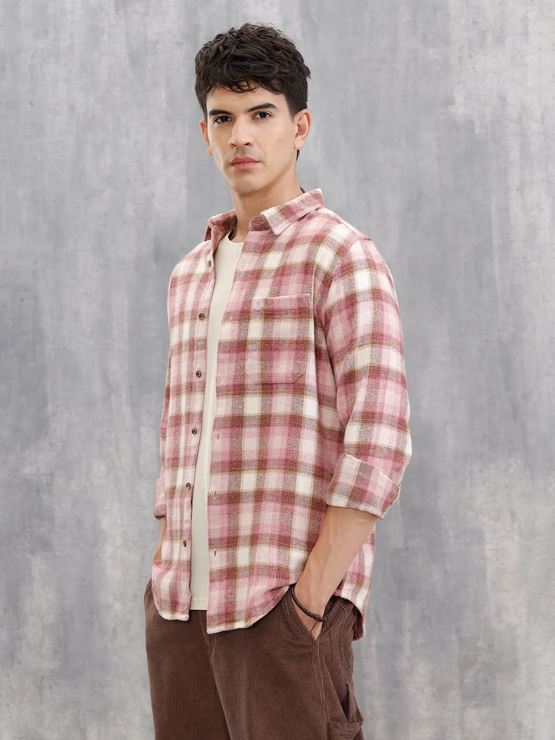 Brushed Herringbone Flannel Check Shirt In Regular Fit | Pink - Image 4