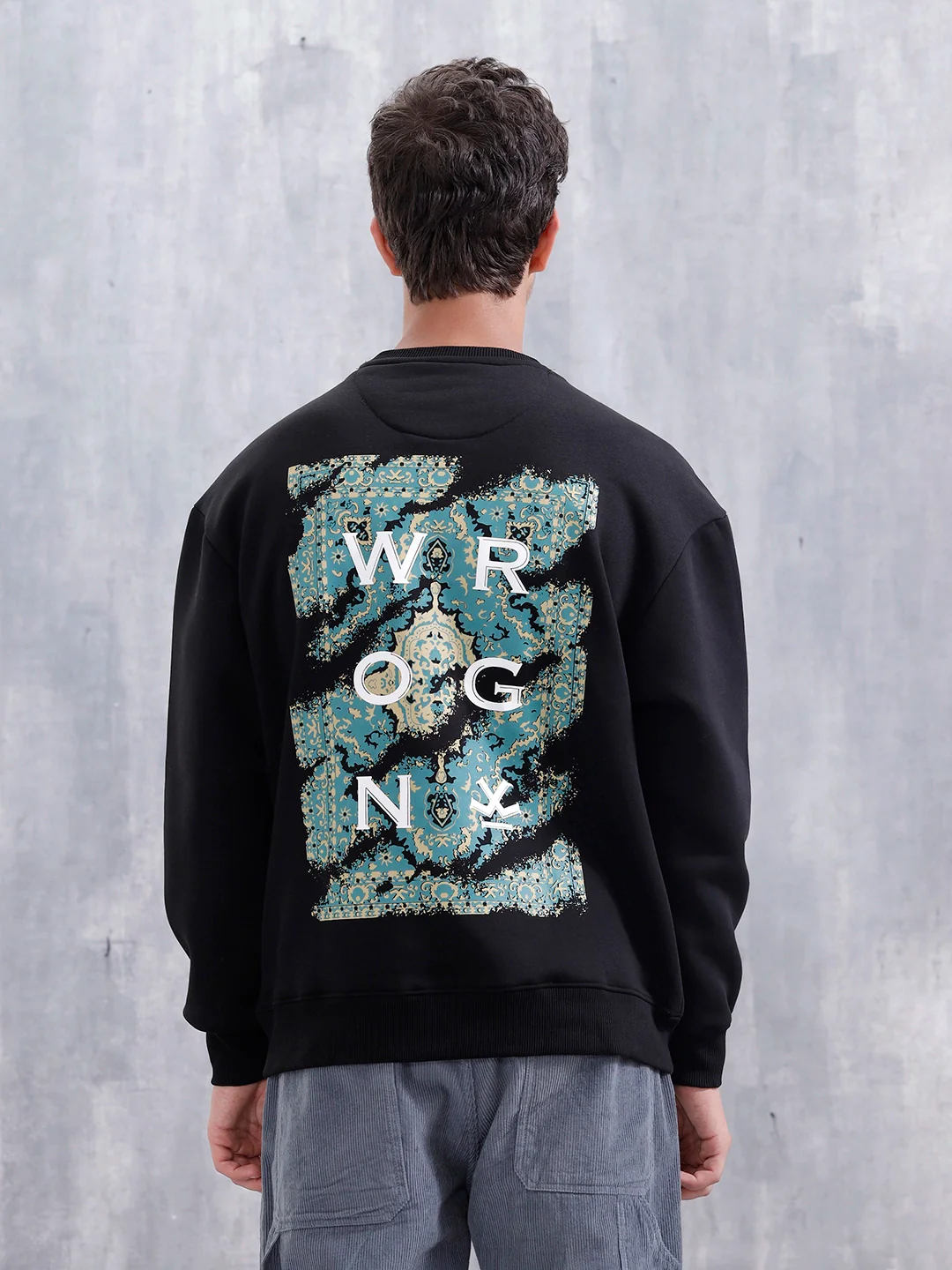 Carpet Tapestry Inspired Oversized Fleece Back Print Sweatshirt | Black - Image 3