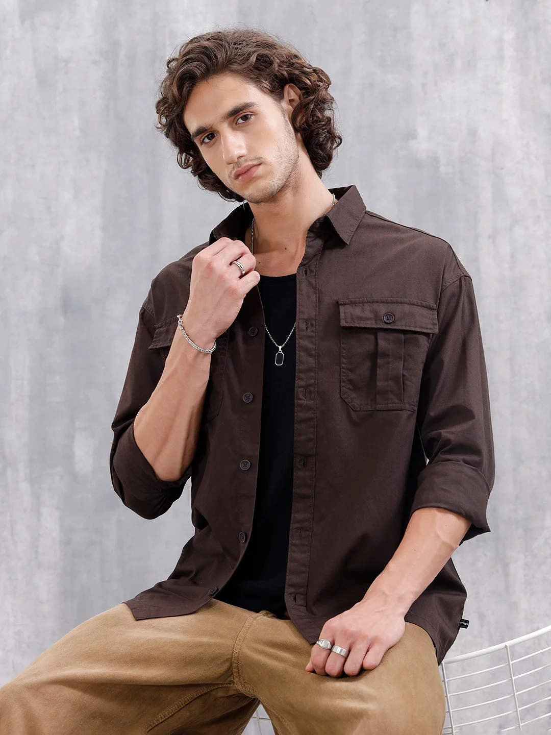 Casual Comfort Fit Shirt With Double Pockets | Brown - Image 3