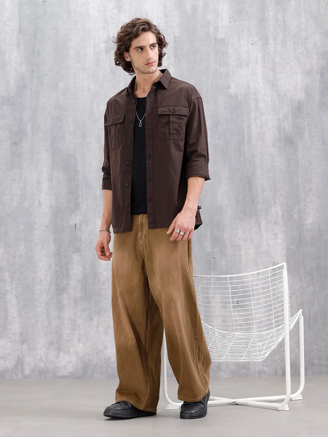 Casual Comfort Fit Shirt With Double Pockets | Brown - Image 4