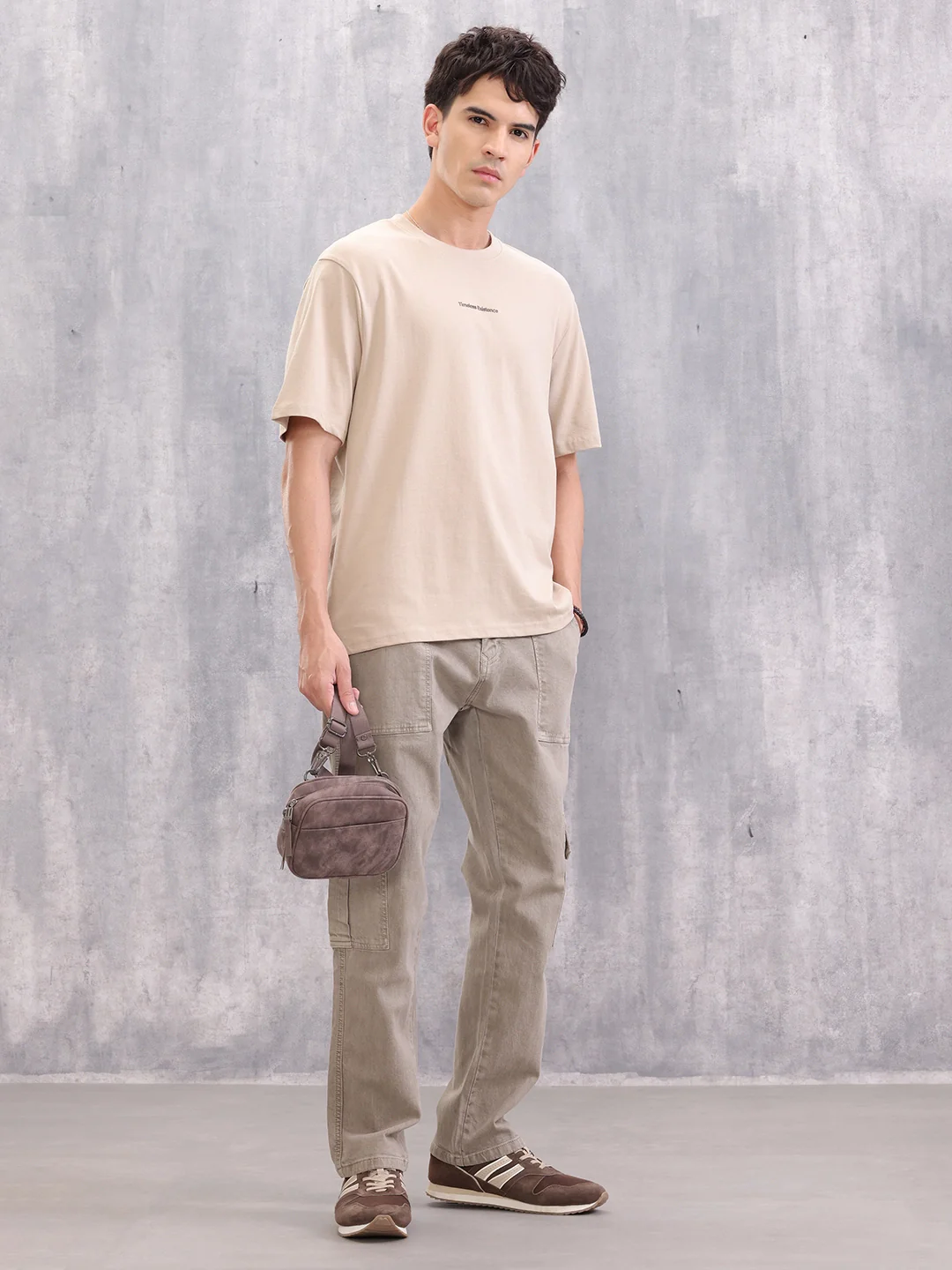 Casual Comfort Fit T-shirt With Typo Print And High Low Bottom Hem | Beige - Image 2