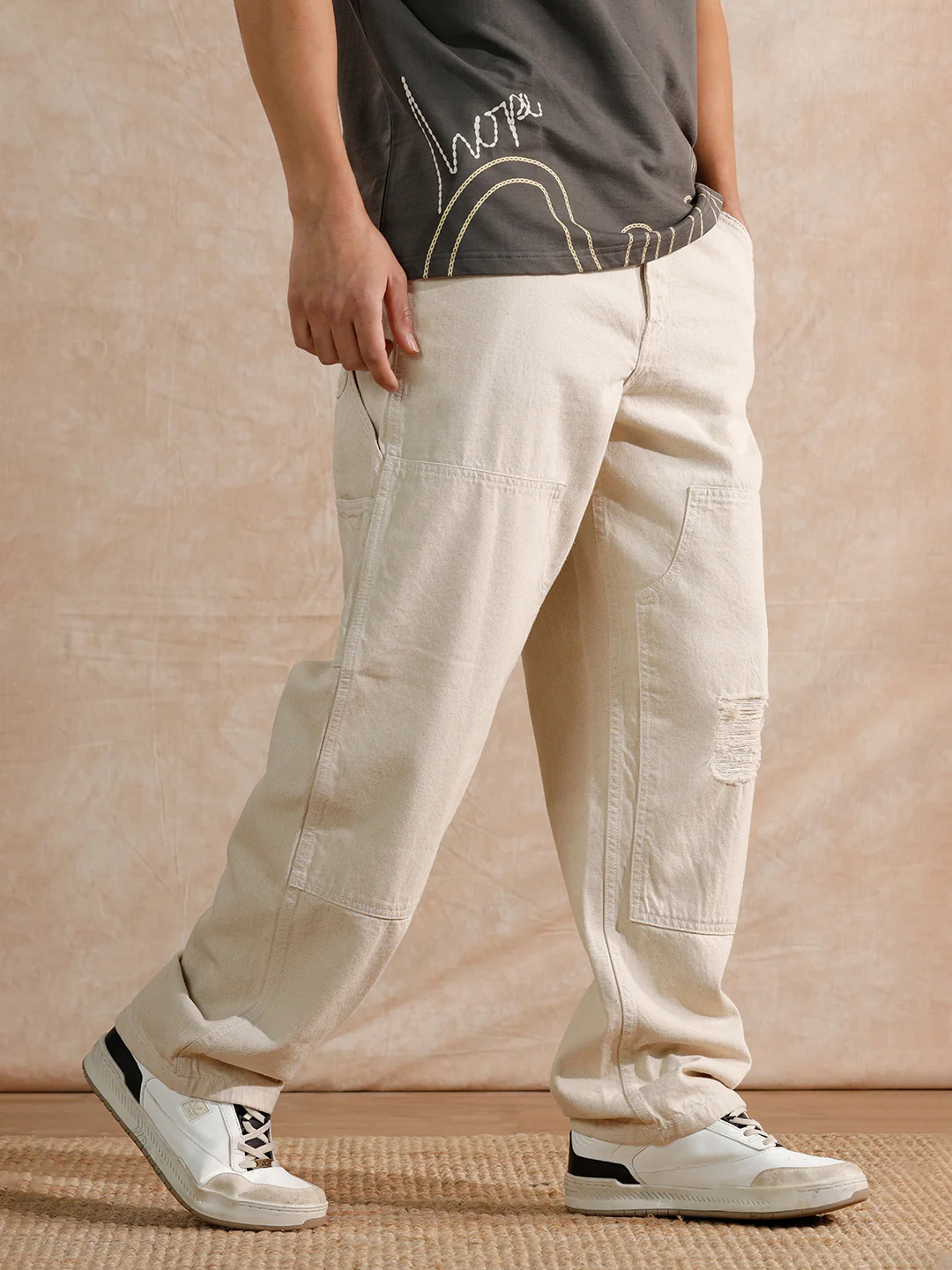 Distressed Loose Fit Trouser | Beige - Image 4