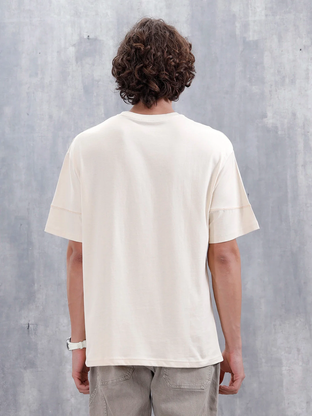Casual Men Oversized Fit Tee With Flat Lock Detail | Beige - Image 3