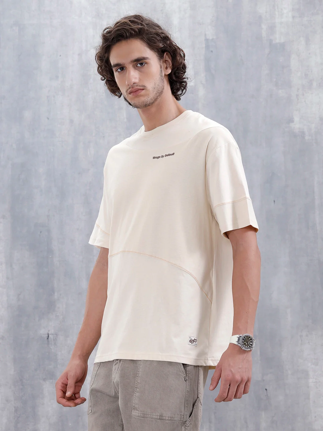 Casual Men Oversized Fit Tee With Flat Lock Detail | Beige - Image 4
