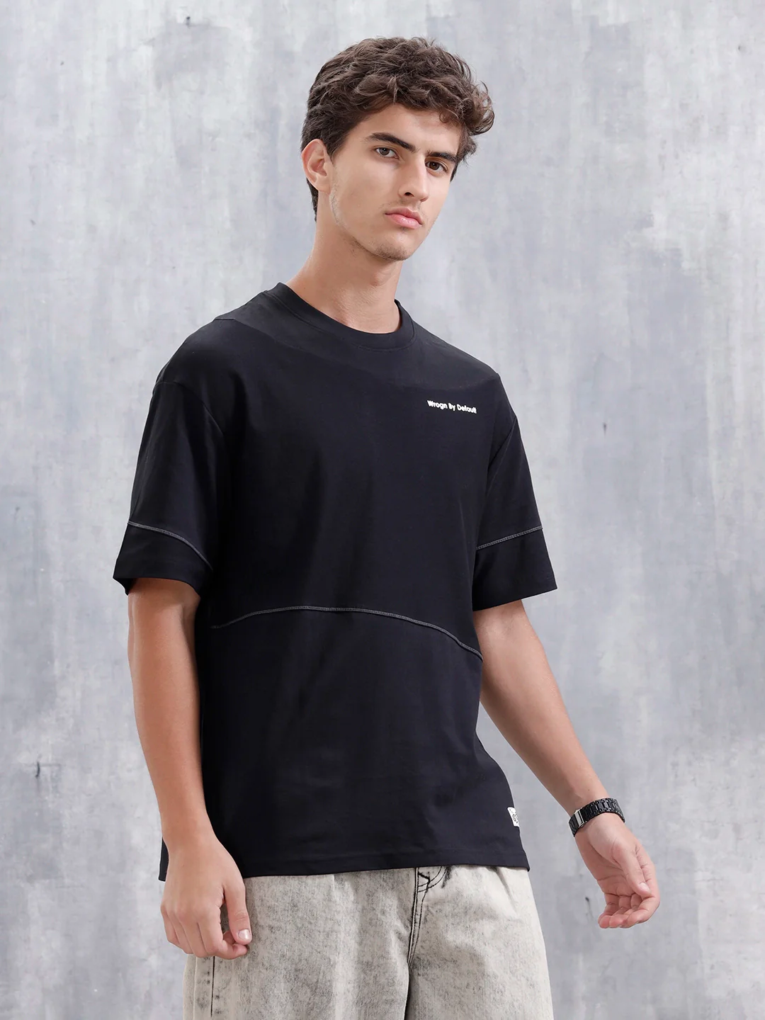 Casual Men Oversized Fit Tee With Flat Lock Detail | Black - Image 4