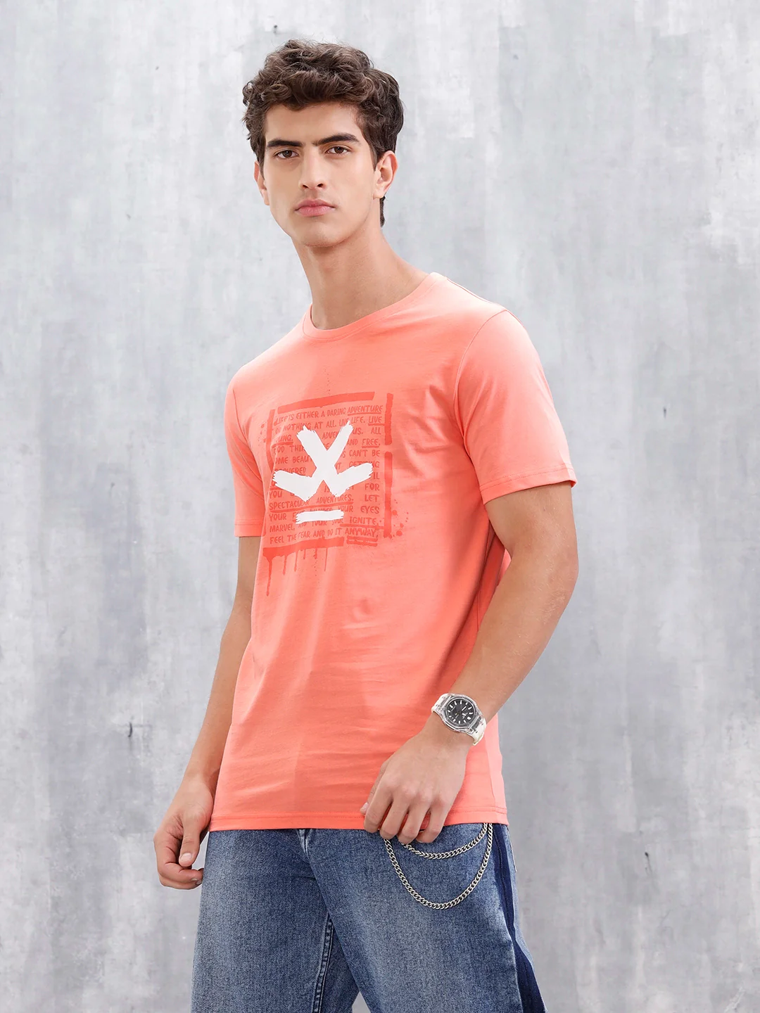 Casual Men Regular Fit Tee With Graphic | Peach - Image 4