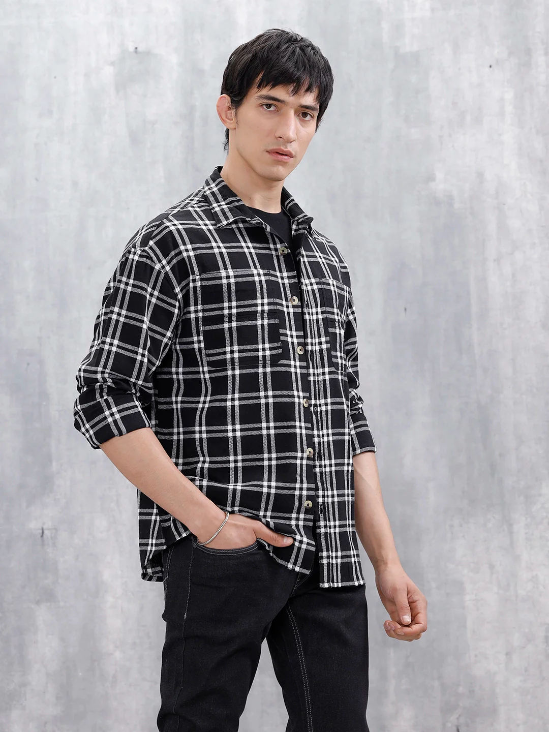 Casual Oversized Fit Checkered Pattern Shirt | Black - Image 4