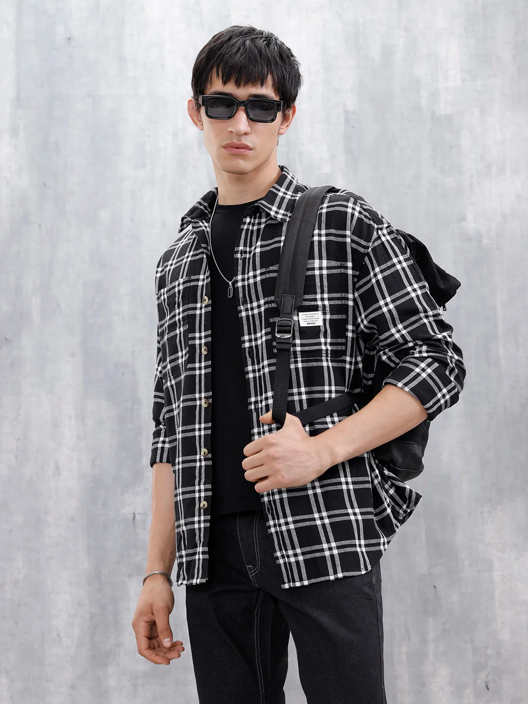 Casual Oversized Fit Checkered Pattern Shirt | Black - Image 5