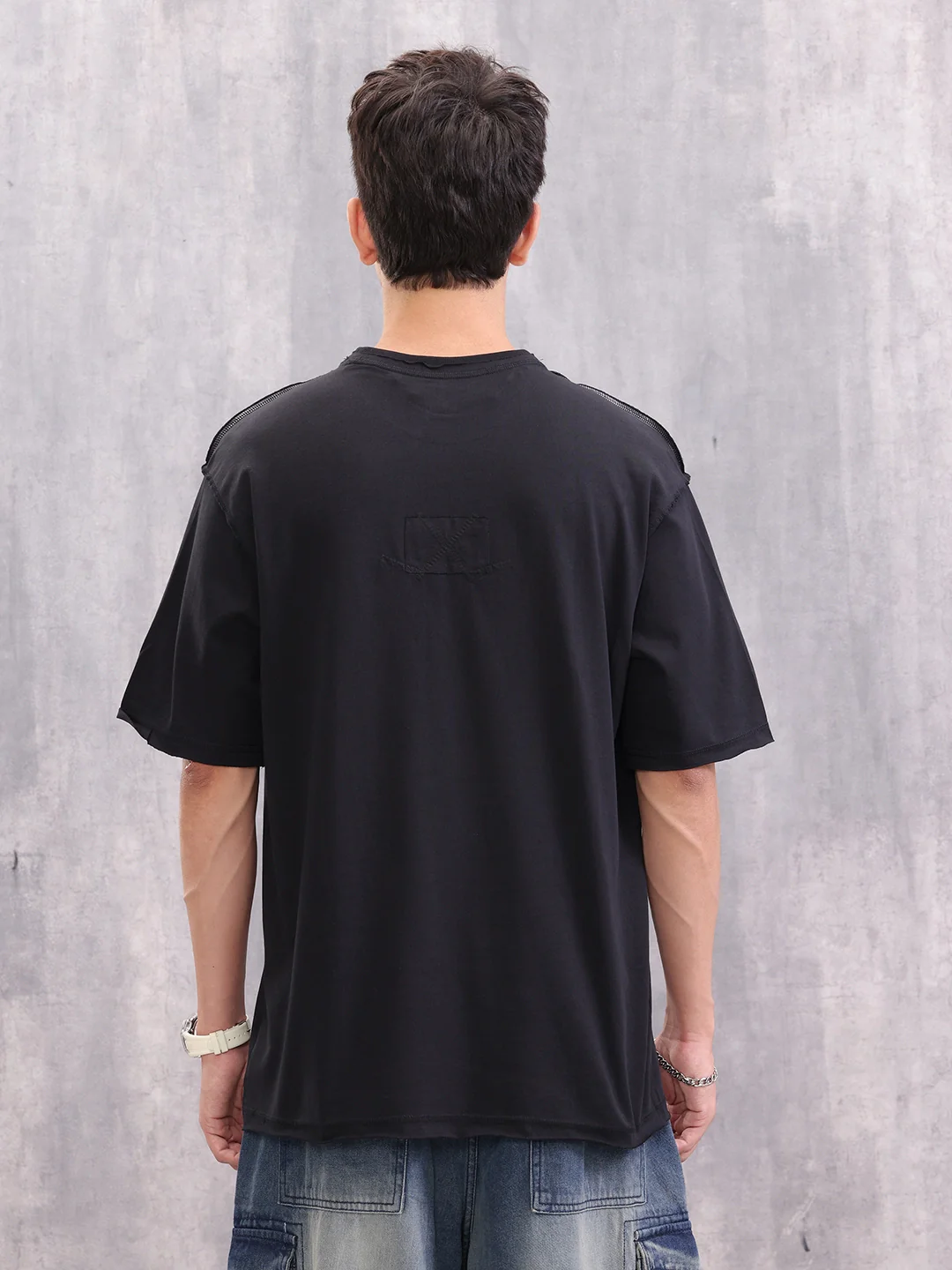 Casual Oversized Fit T-shirt With Raw Edge And Flatlock Detail | Black - Image 3