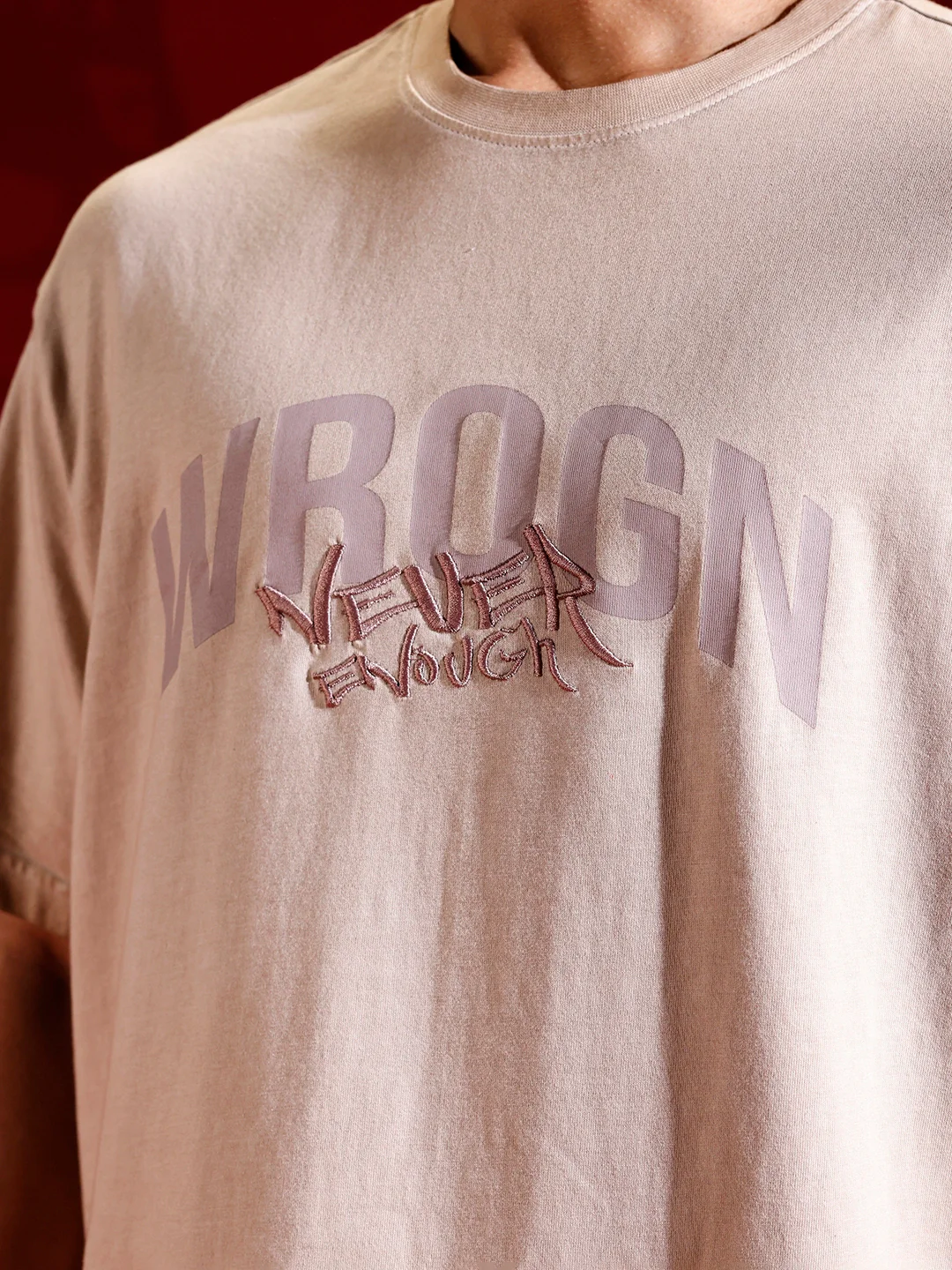 Casual oversized T-shirt with statement chest print & Embroidery | Brown - Image 5