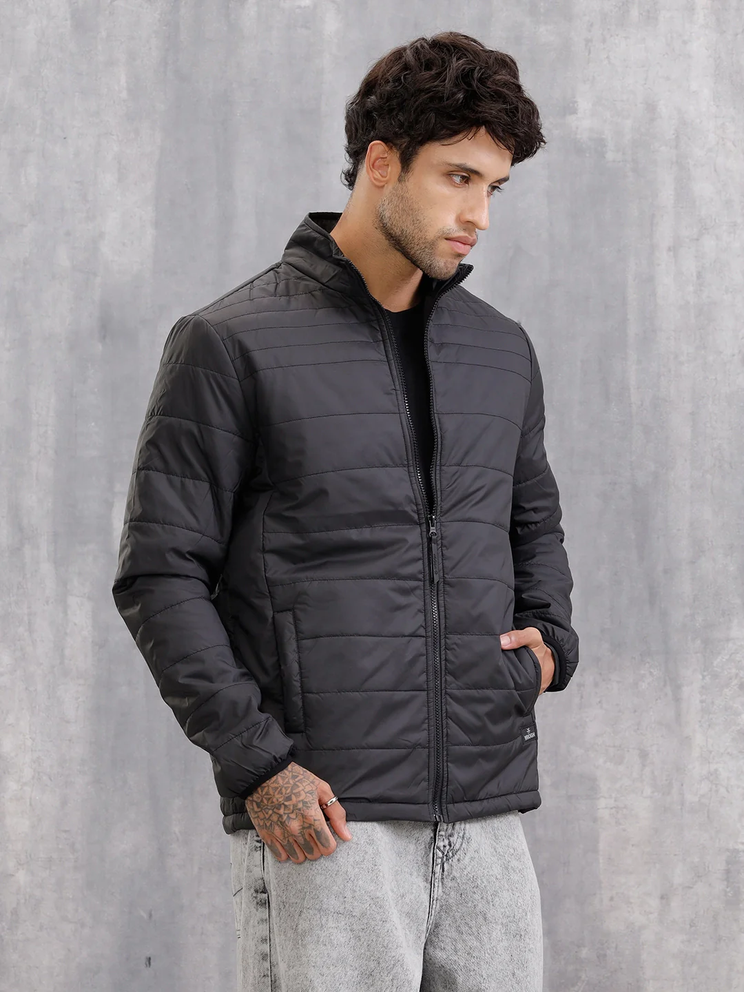 Casual Quilted Solid Bomber Jacket | Black - Image 4
