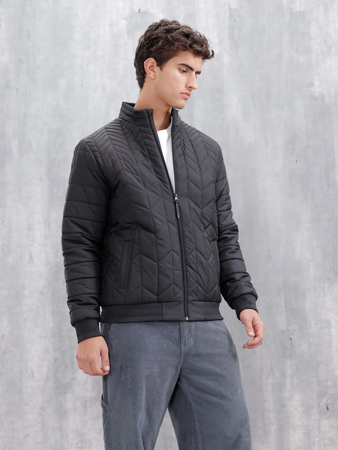 Casual Regular Fit Stand Collar Puffer Jacket | Black - Image 4