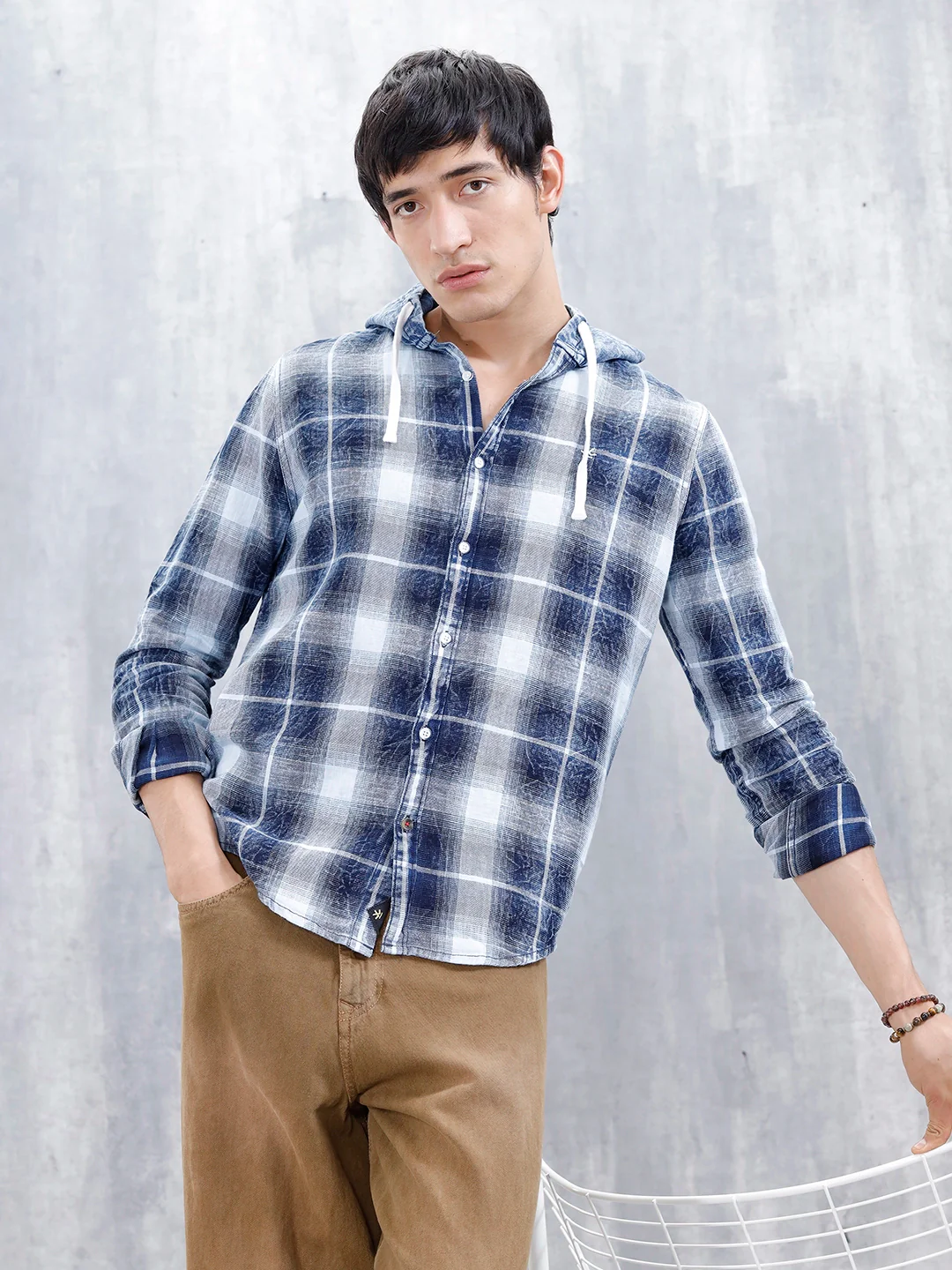 Casual Slim Fit Shadow Checkered Pattern Shirt  | Navy Blue - Image 2