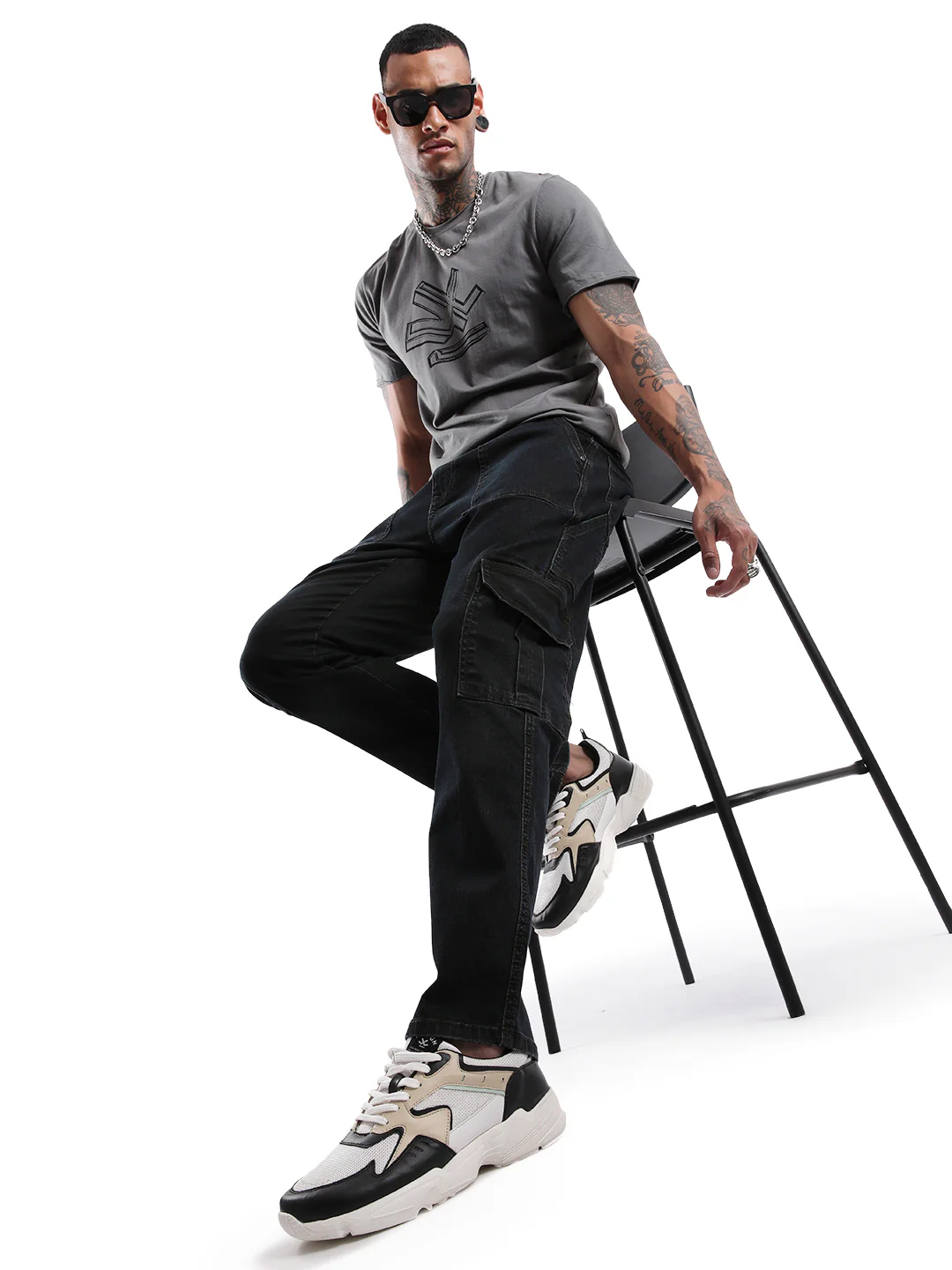Charcoal Grey Chest Printed T-Shirt - Image 2