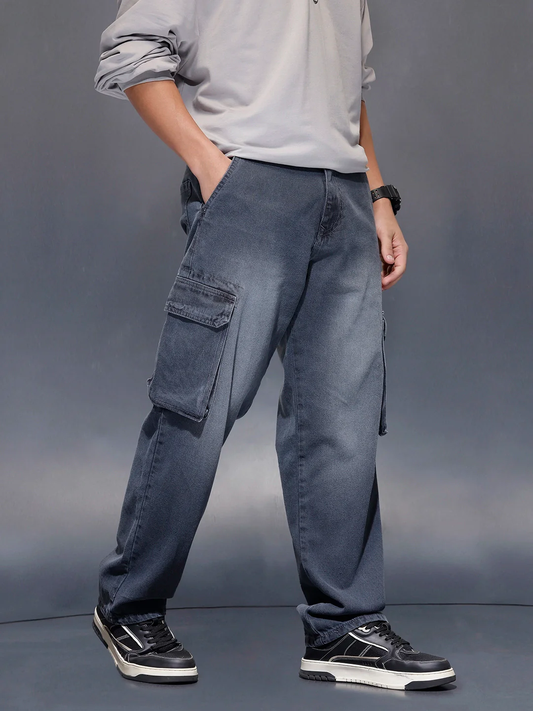 Charcoal loose Fit Cargo Denim | Grey - Image 4