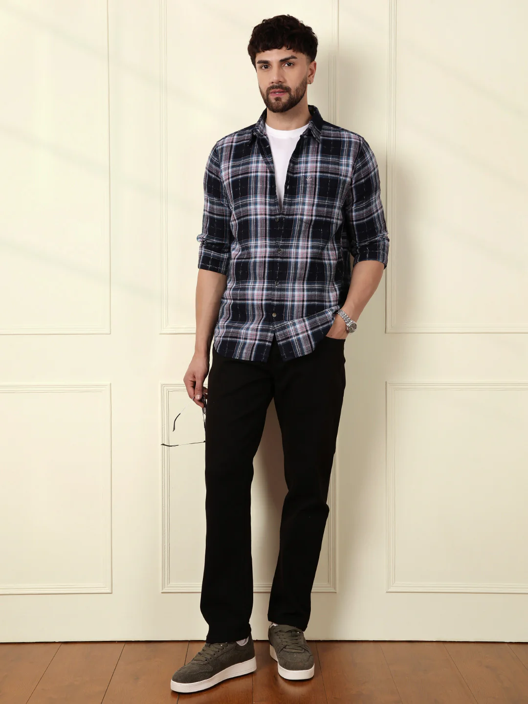 Cotton Checks Slim Fit Shirt | Black - Image 2