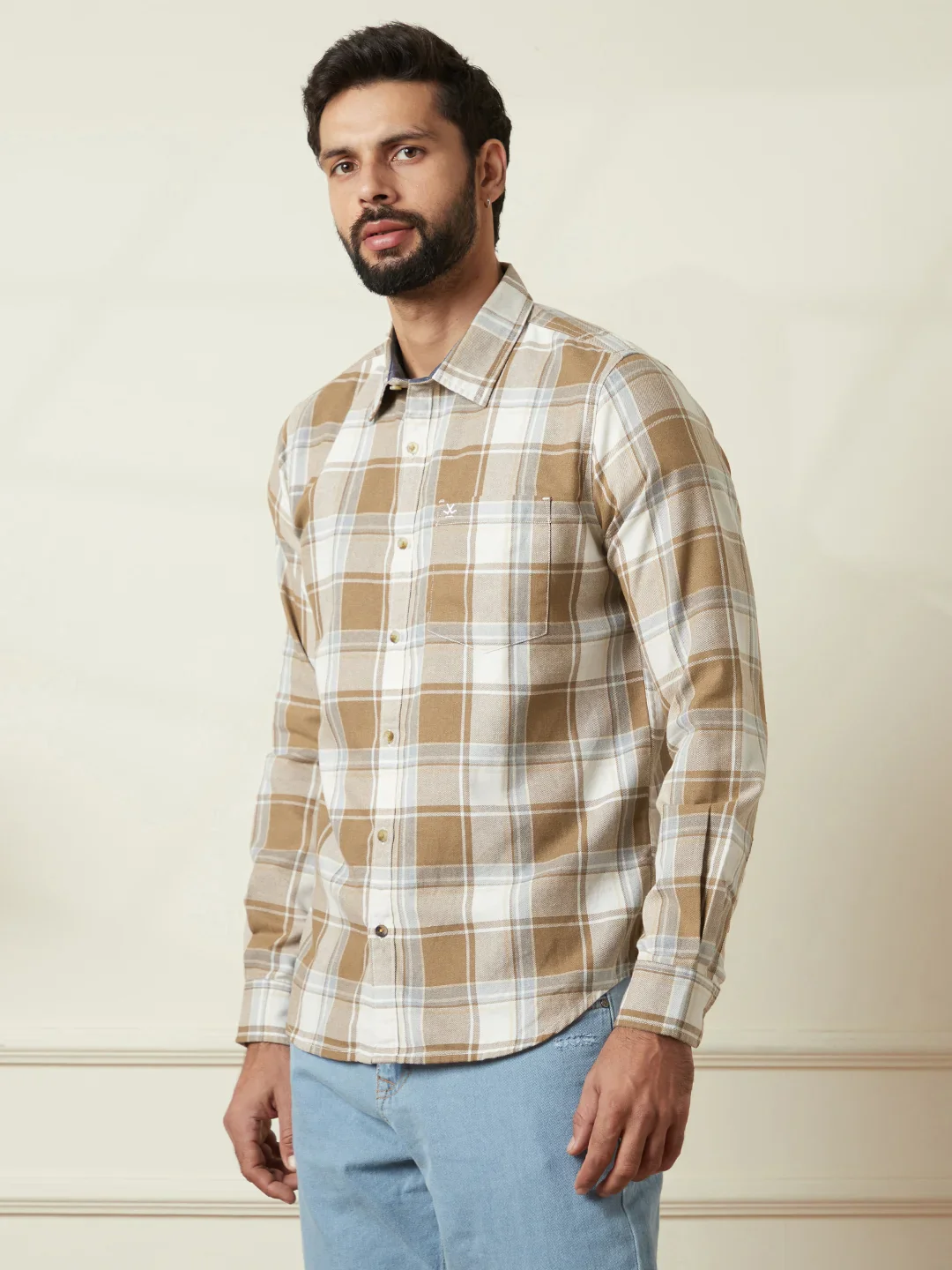 Tonal Checked Slim Fit Shirt | Brown - Image 4