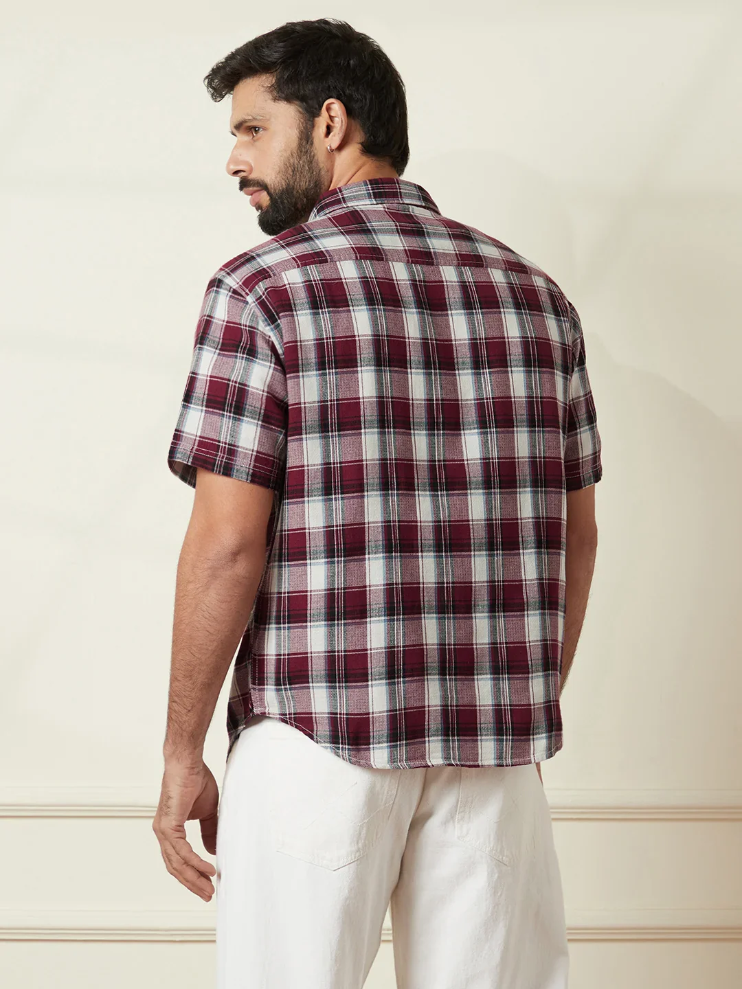 Checked Open Dobby Shirt | Maroon - Image 4
