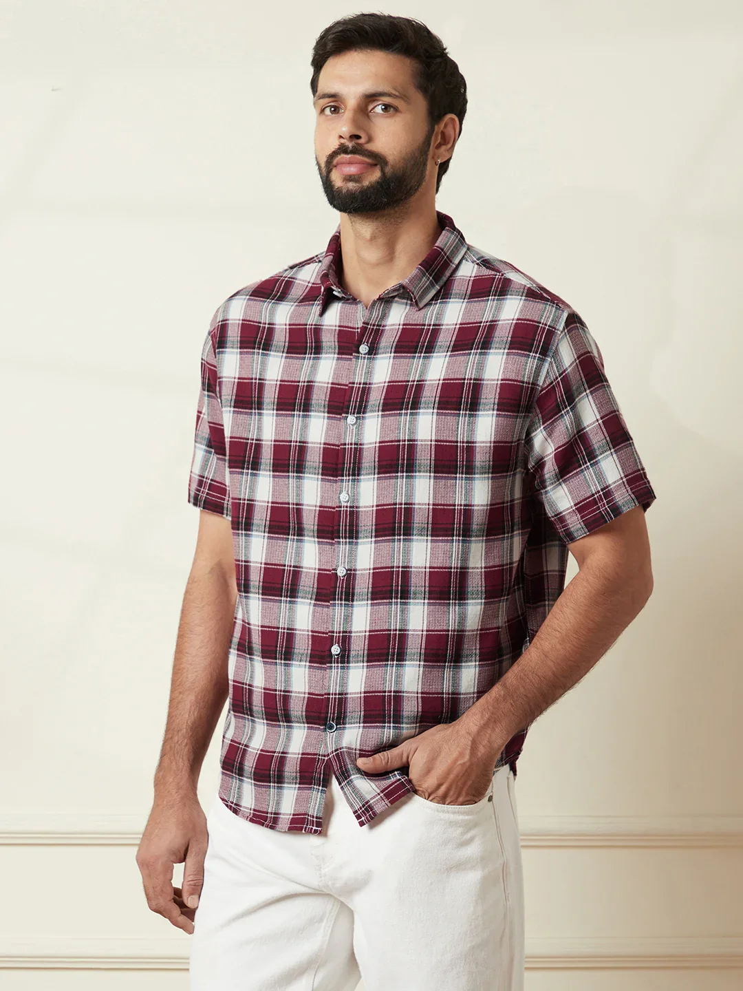 Checked Open Dobby Shirt | Maroon - Image 5