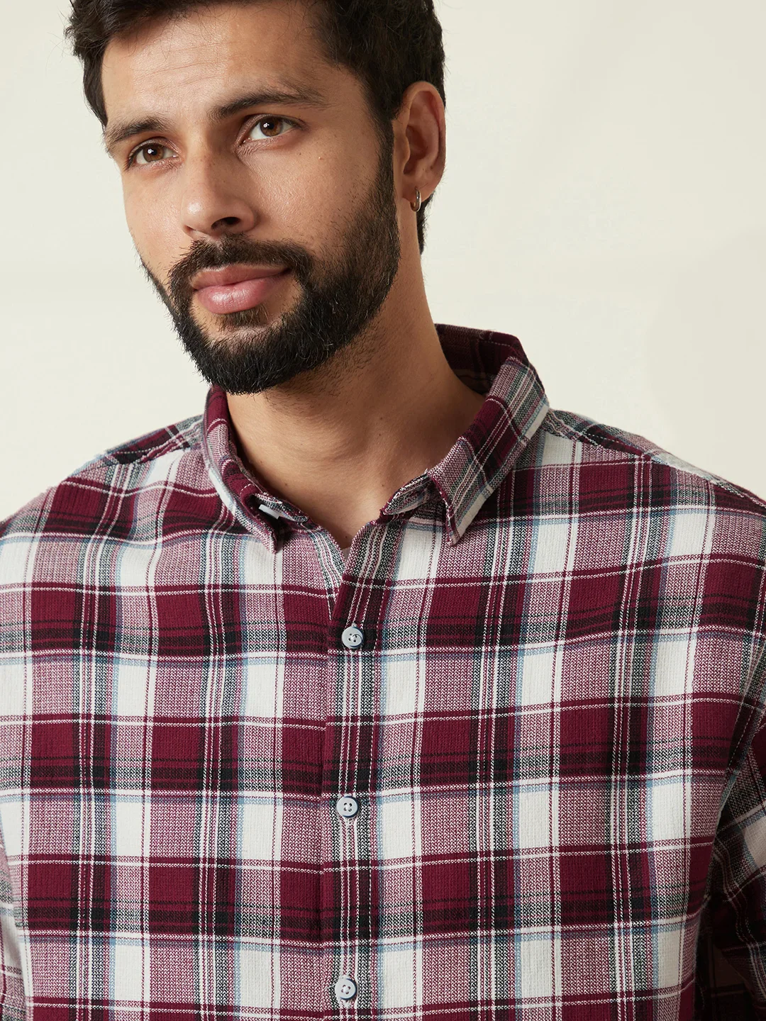 Checked Open Dobby Shirt | Maroon - Image 6