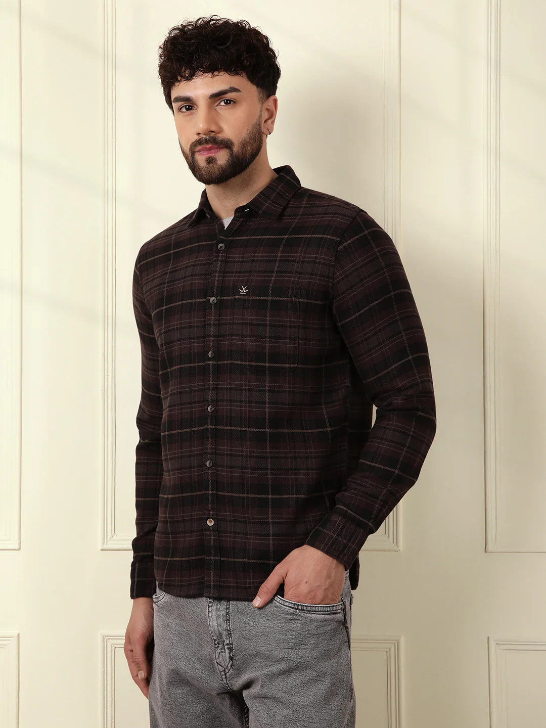 Textured Tonal Check Shirt | Brown - Image 4