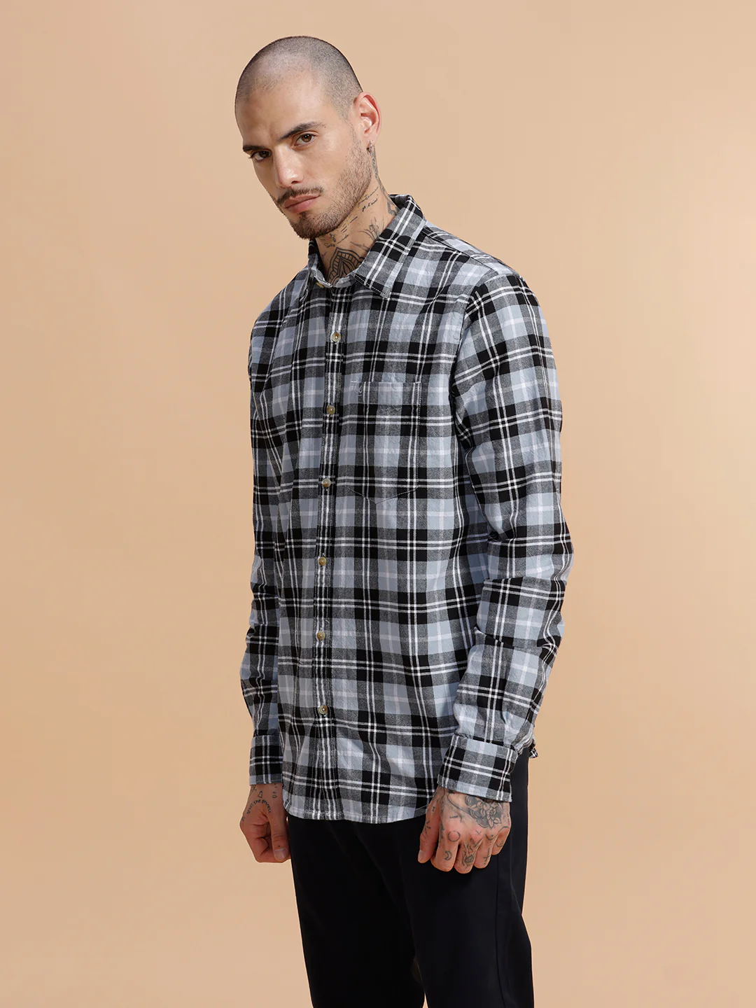 Checked Full Sleeve Cotton Shirt | Light Blue - Image 4