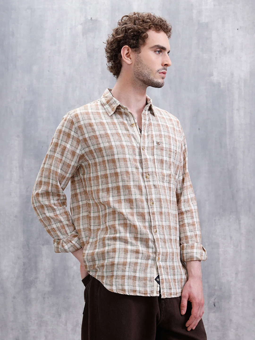Checked Linen Blend Shirt  | Khaki - Image 4
