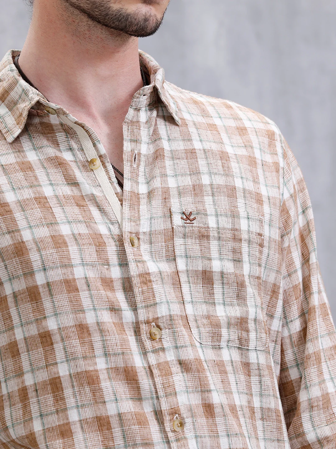 Checked Linen Blend Shirt  | Khaki - Image 5