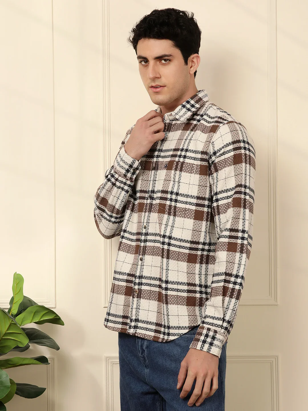 Checked Dobby Pattern Shirt | Brown - Image 4