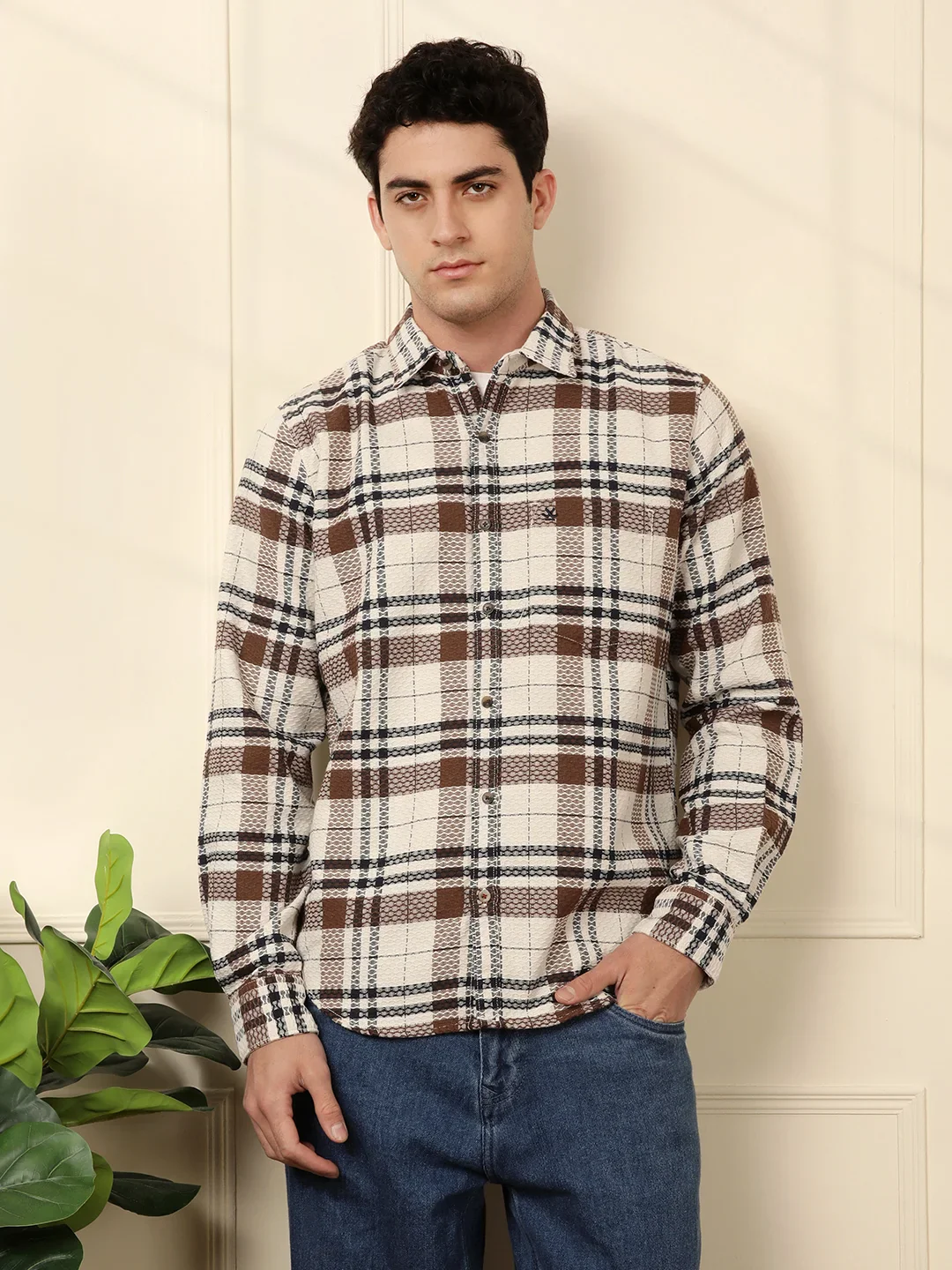 Checked Dobby Pattern Shirt | Brown - Image 6