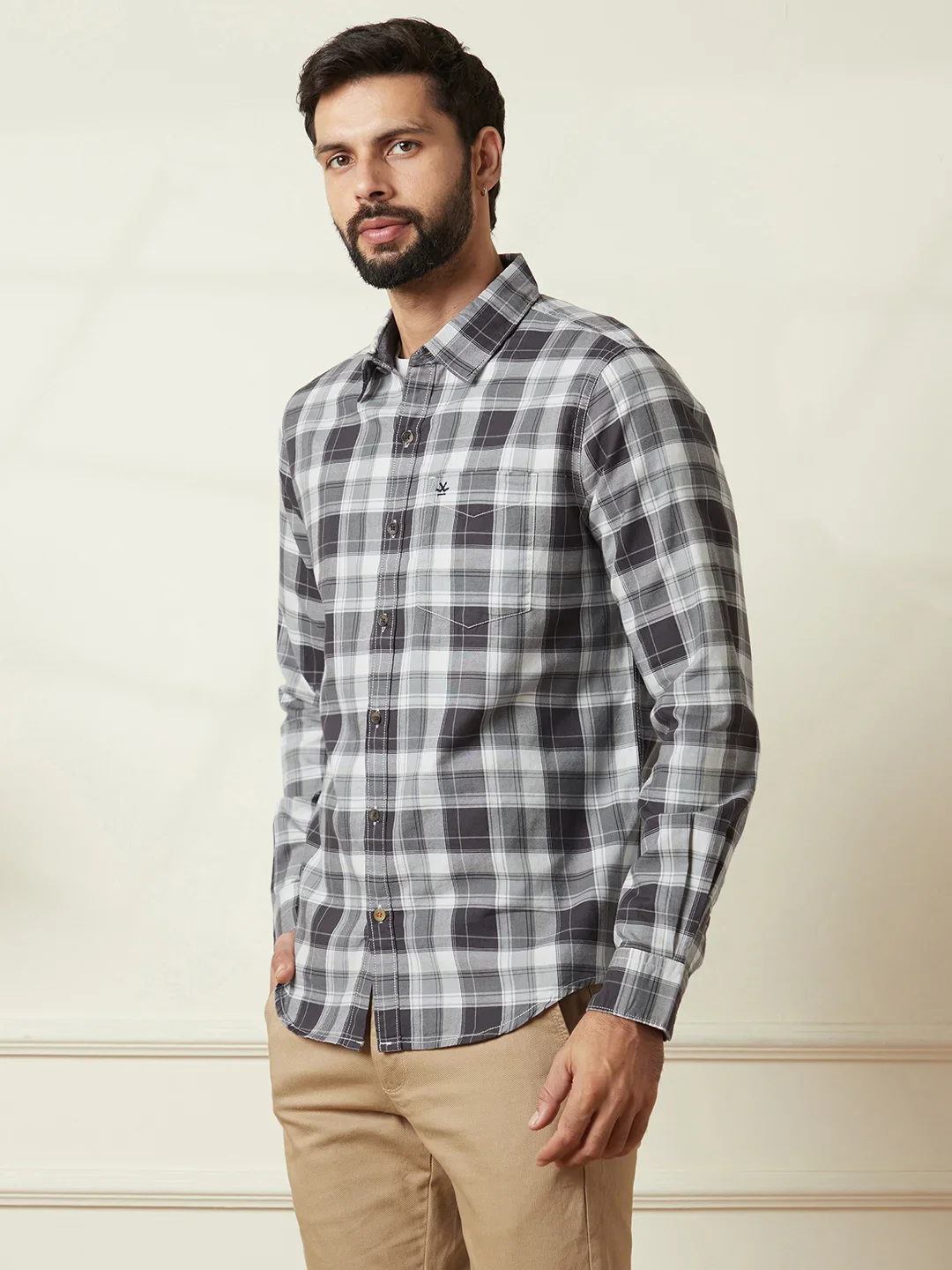 Checked Cotton Oxford Shirt | Grey - Image 4