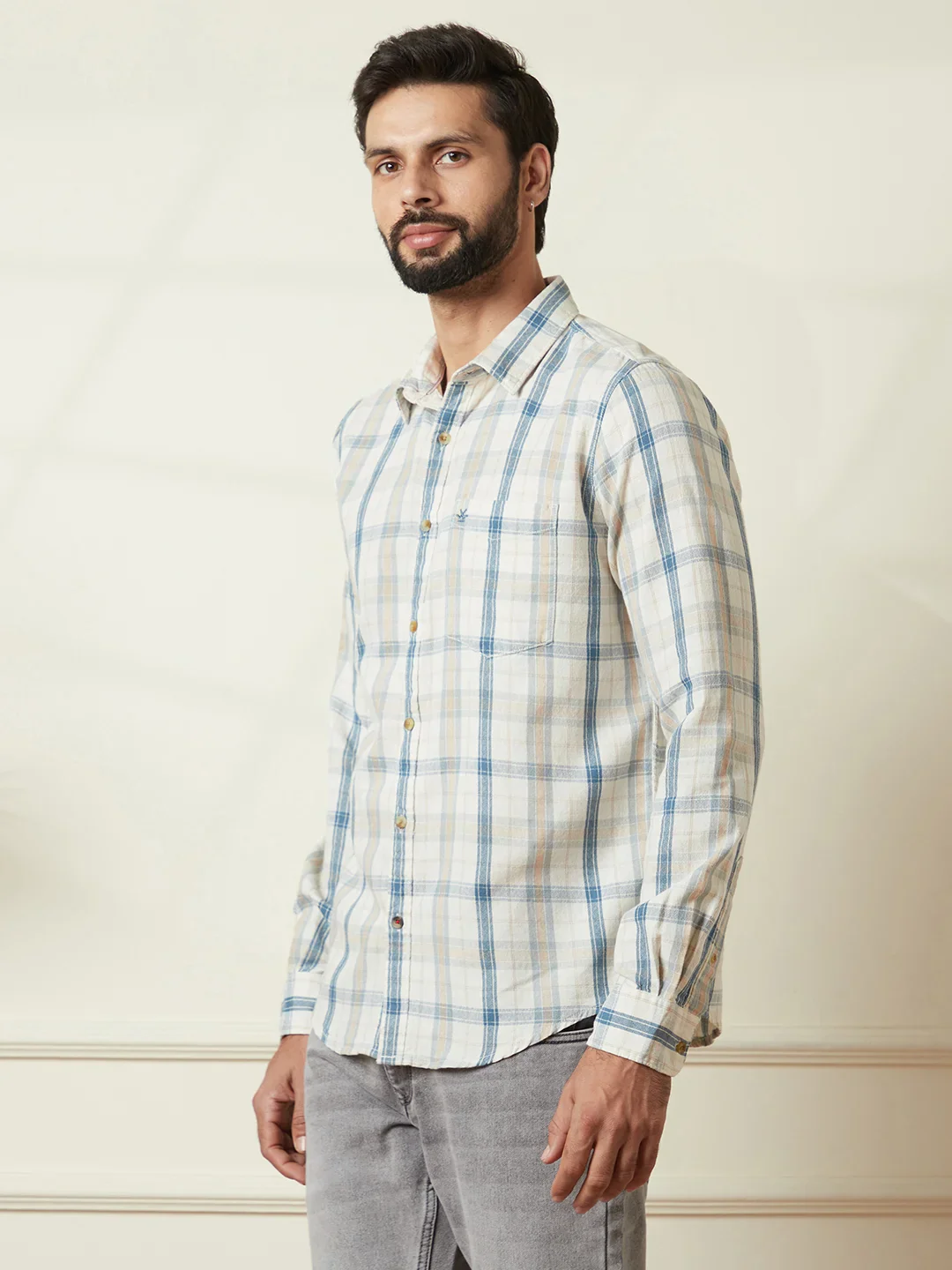 Checked Slim Fit Textured Shirt | Off White - Image 4