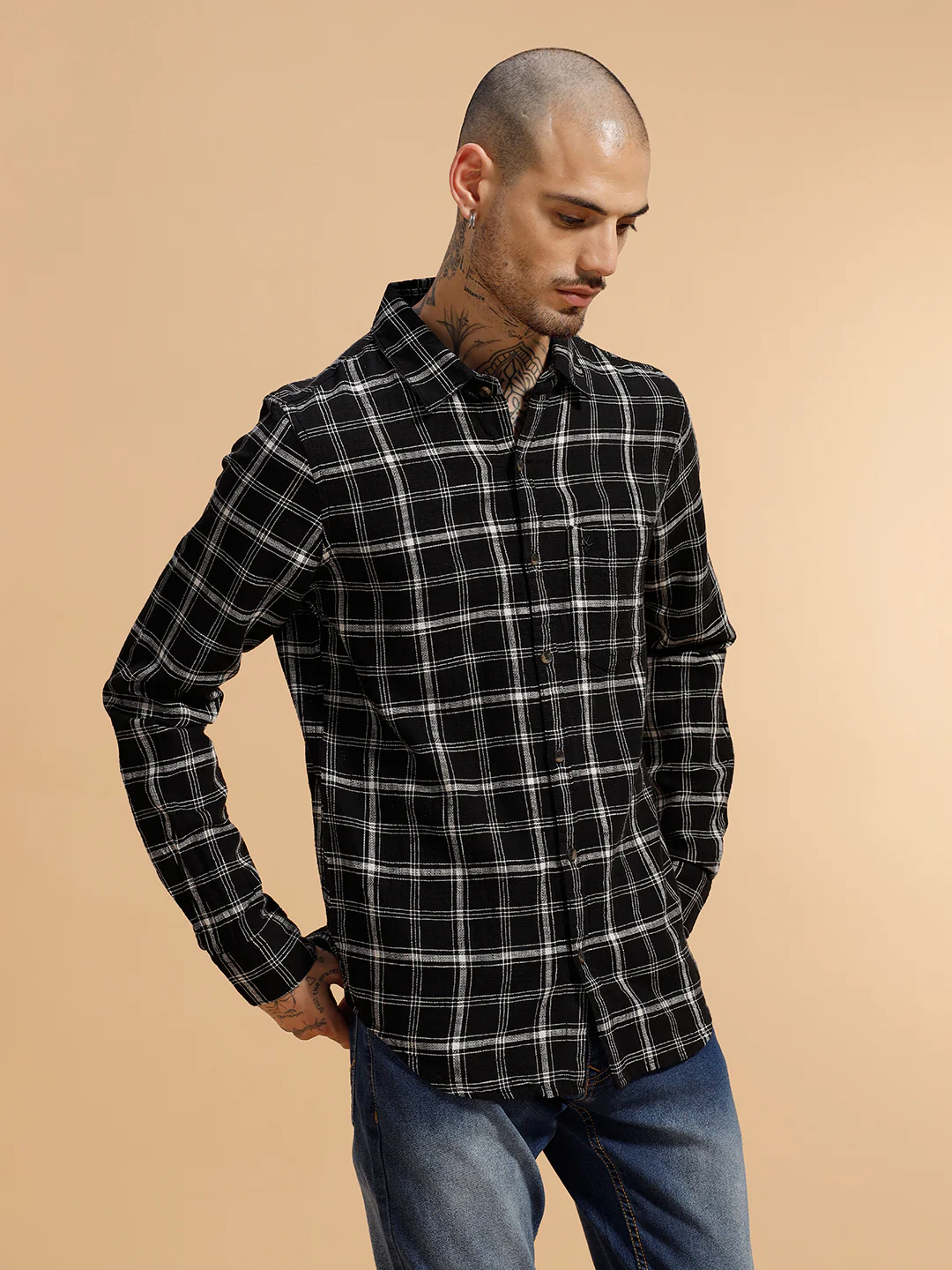 Checked Slub Texture Shirt | Black - Image 5