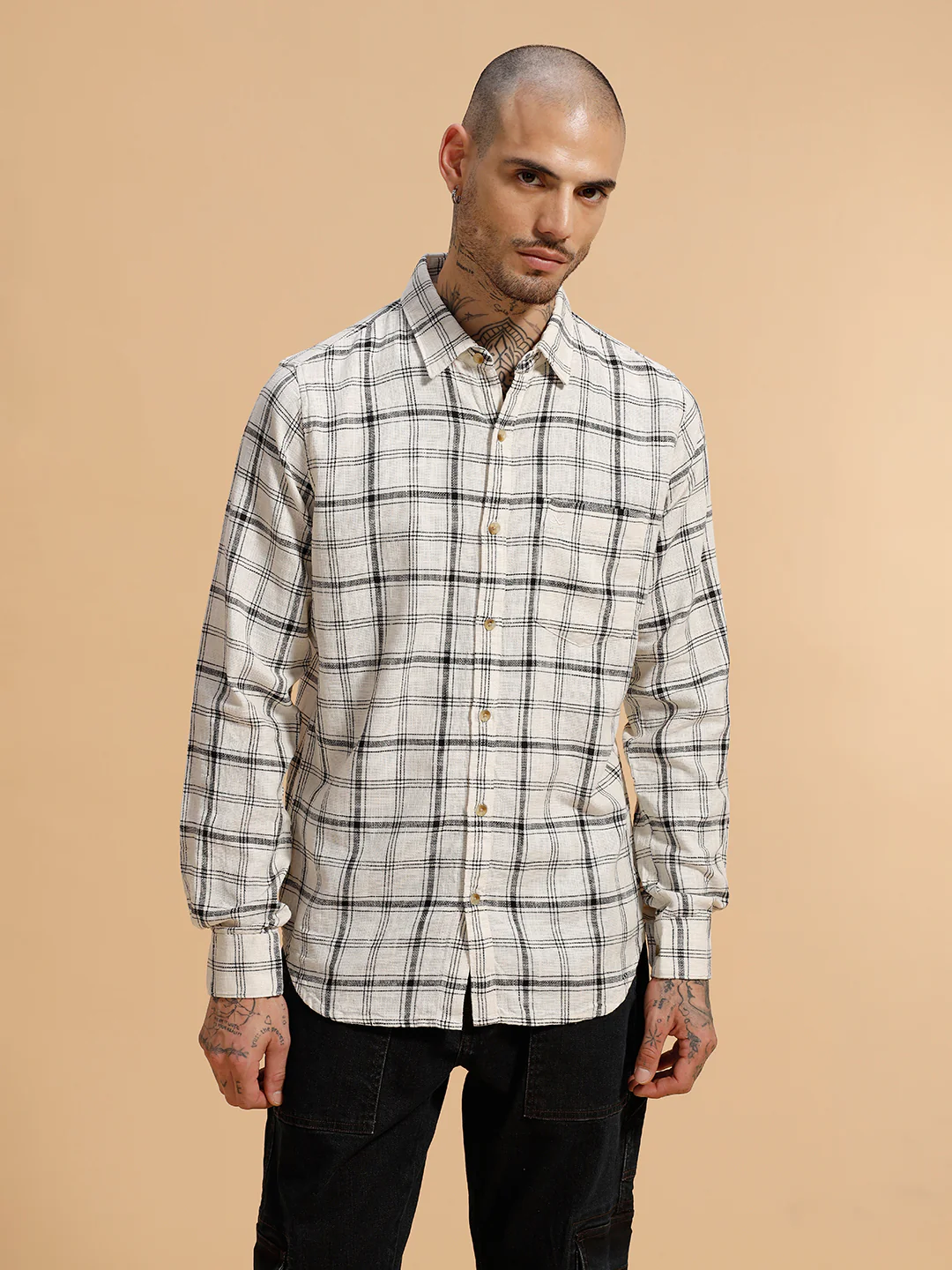 Checked Slub Texture Shirt | Off White - Image 4