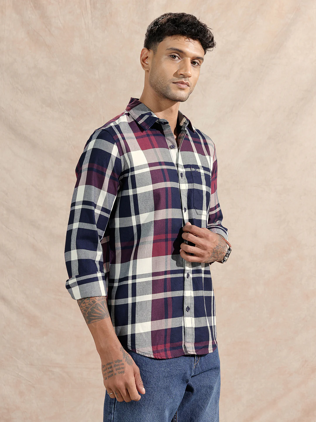 Checked Twill Slim Fit Shirt | Maroon - Image 4