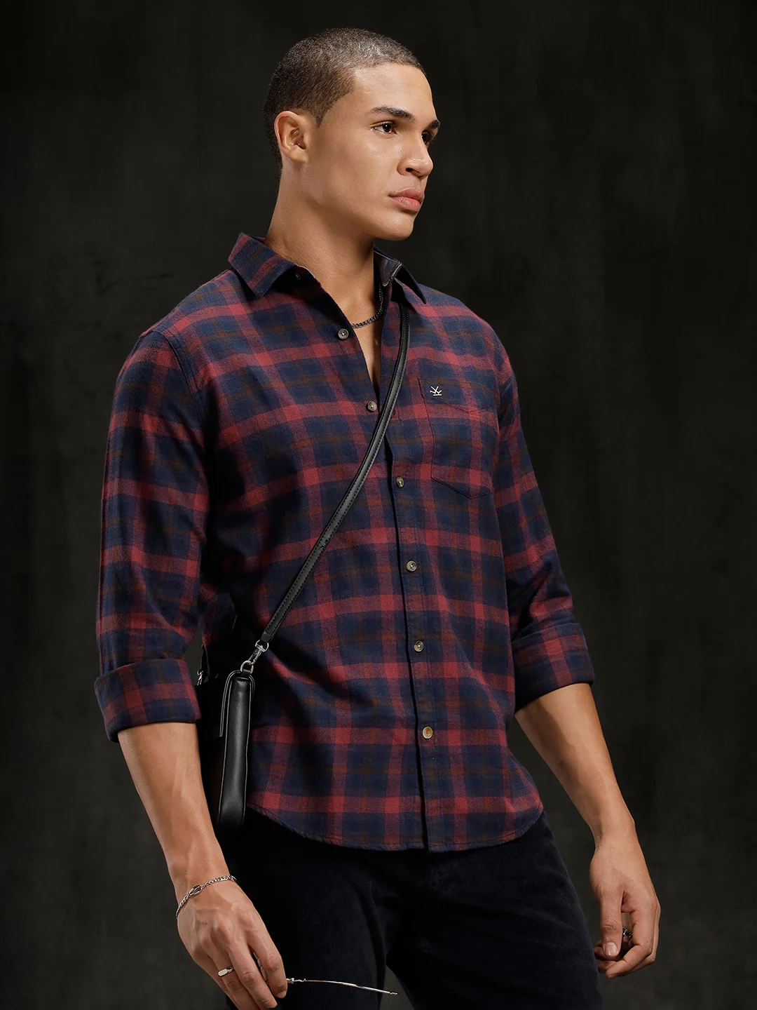 Checkered Cotton Twill Shirt | Maroon - Image 4