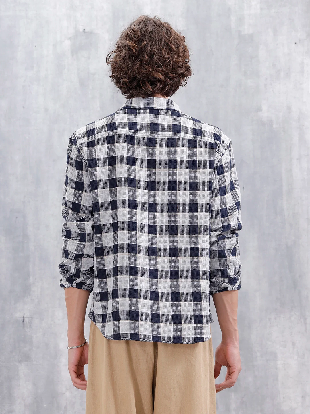 Checkered Pattern Double Pocket Comfort Fit Shirt | Navy Blue - Image 3