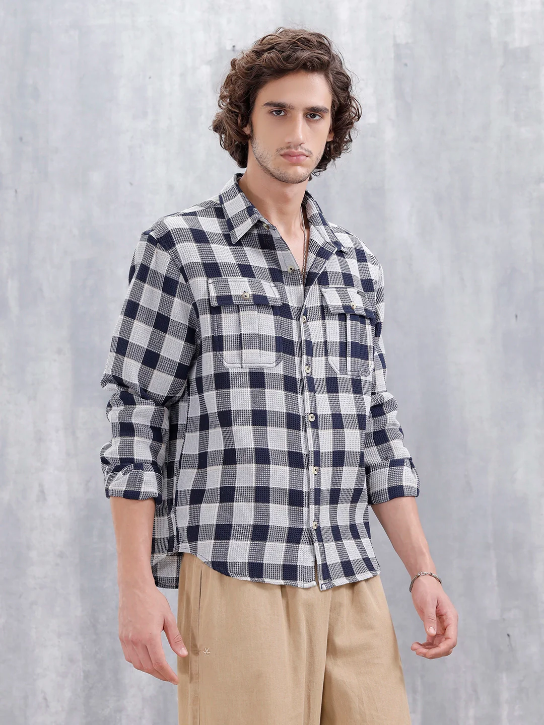 Checkered Pattern Double Pocket Comfort Fit Shirt | Navy Blue - Image 4