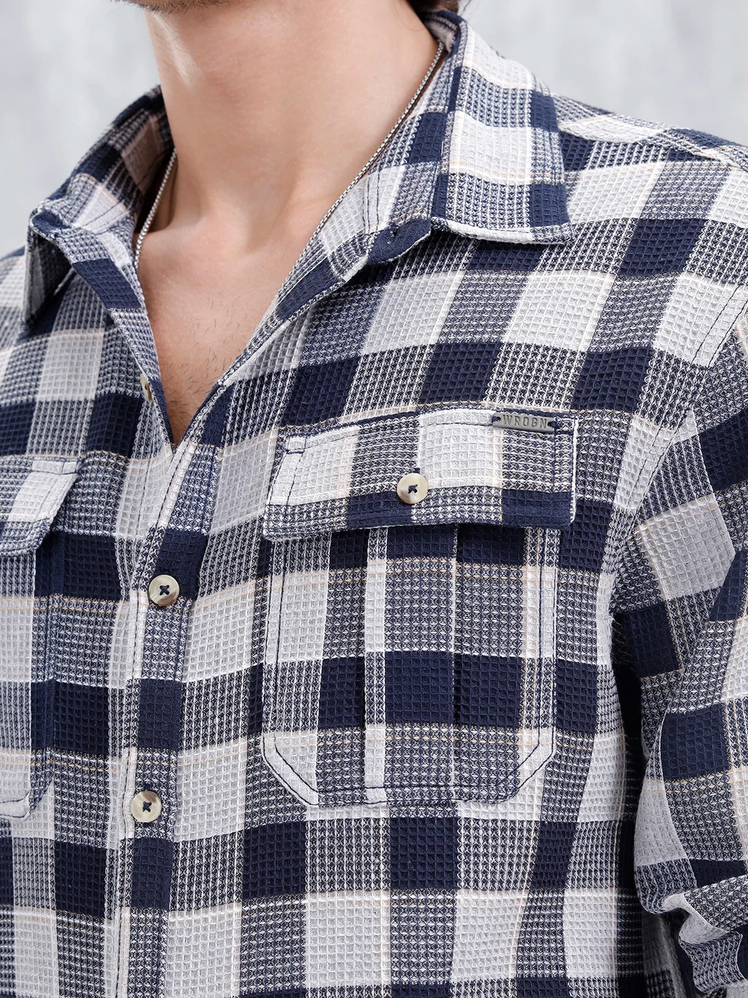 Checkered Pattern Double Pocket Comfort Fit Shirt | Navy Blue - Image 5